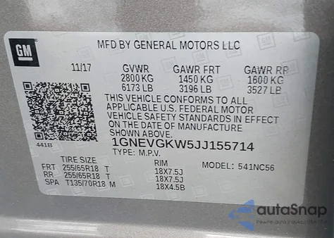 2018 Chevrolet Traverse 1Lt z USA, uszkodzony, nr VIN 1GNEVGKW5JJ1557